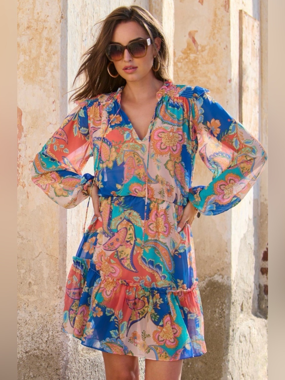 Boston Proper Boho Paisley Floral Smocked Mini Dress XS Blue Pink Long Sleeve
